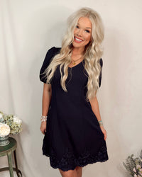 Navy Noir Lace Detailed Puff Sleeve Mini Dress