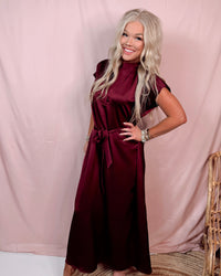 Merlot Memories Midi Satin Tie Dress - Wine