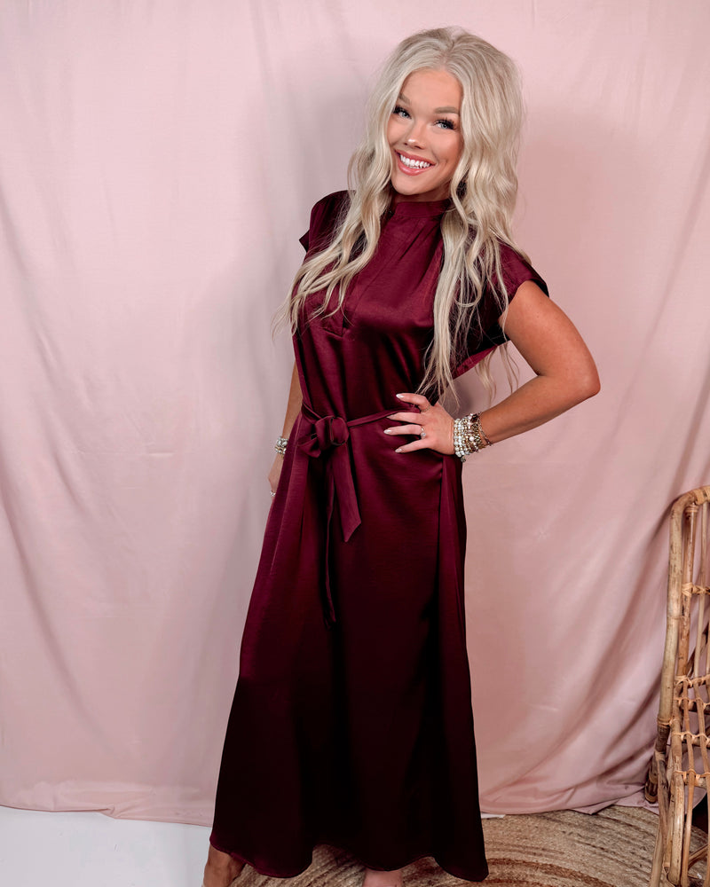 Merlot Memories Midi Satin Tie Dress - Wine