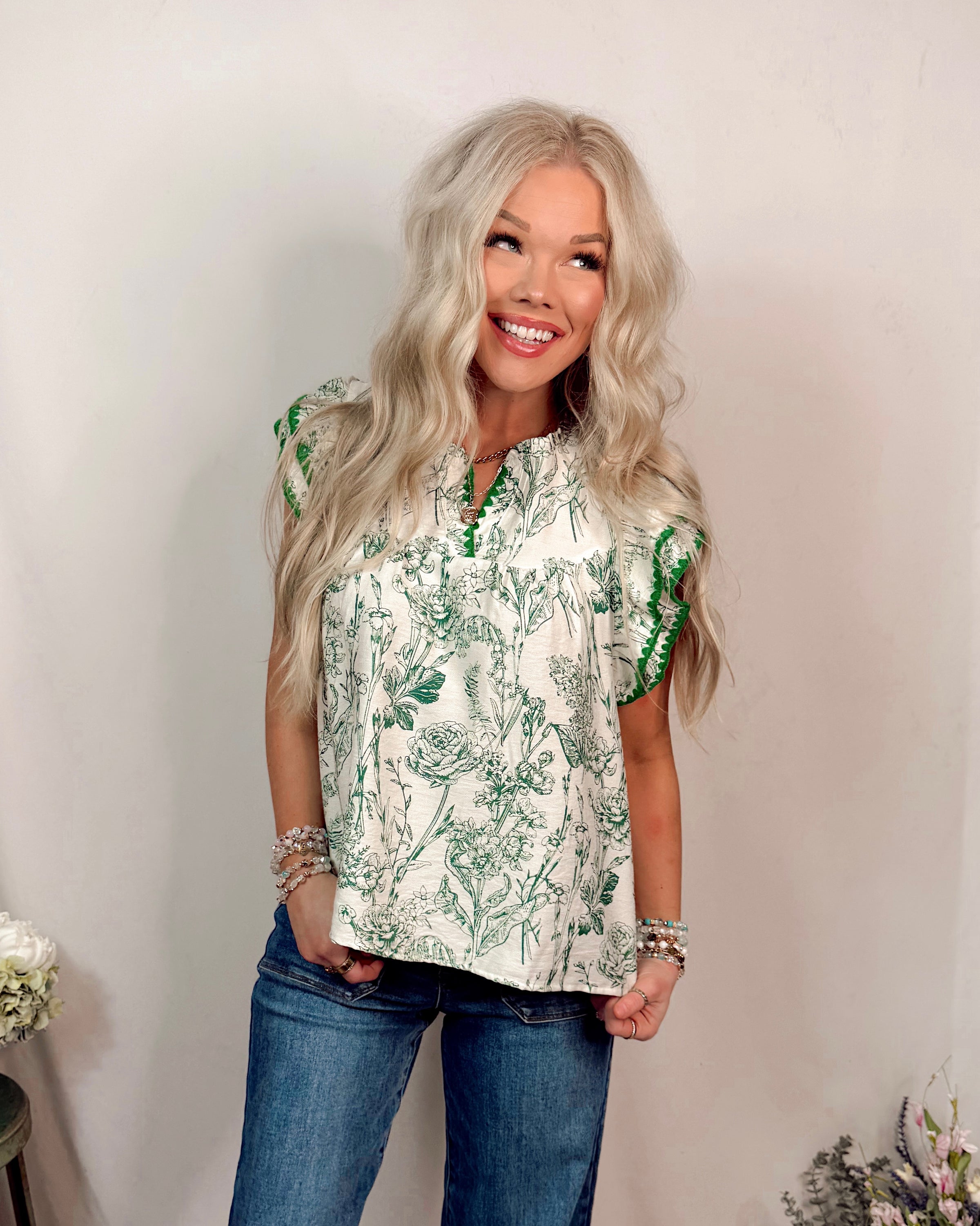 Scenery of Greenery Printed Embroidered Stich Detail Blouse in Green