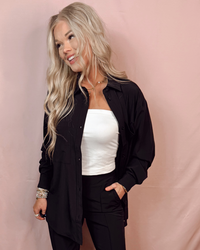 Luxe Lounge Long Sleeve Button Up Top - Black