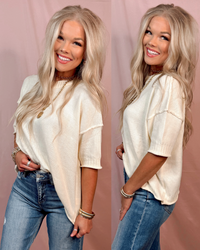 Staycation Cozy Crew Neck Knit Short Sleeve Sweater Top - Cream