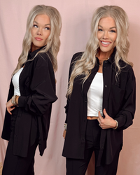 Luxe Lounge Long Sleeve Button Up Top - Black