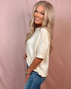 Staycation Cozy Crew Neck Knit Short Sleeve Sweater Top - Cream