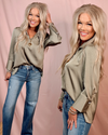 Poised In Pearl Snap Sleeves V-Neck Blouse - Olive