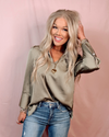 Poised In Pearl Snap Sleeves V-Neck Blouse - Olive