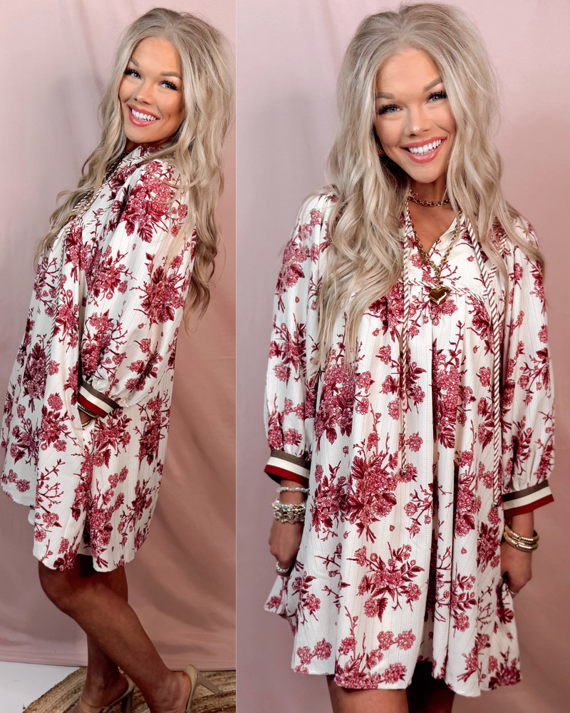 Merlot & Magnolias Textured Floral Dress with Contrast Detail