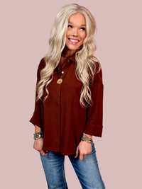 Easy Does It Button Up Collared Blouse - Brown