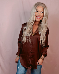 Satin Speak Easy Staple Button Up Blouse - Chocolate