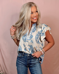 Brunch By The Bay Blue Printed Tiered Detail Blouse