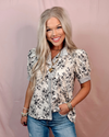 Pressed Petals Puff Sleeve Floral + Stripe Contrast Blouse - Black
