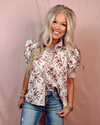 Pressed Petals Puff Sleeve Floral + Stripe Contrast Blouse - Rust
