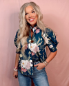 Bouquet Blend Floral Printed Collared Blouse - Teal