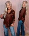 Satin Speak Easy Staple Button Up Blouse - Chocolate