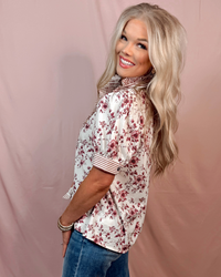 Pressed Petals Puff Sleeve Floral + Stripe Contrast Blouse - Rust