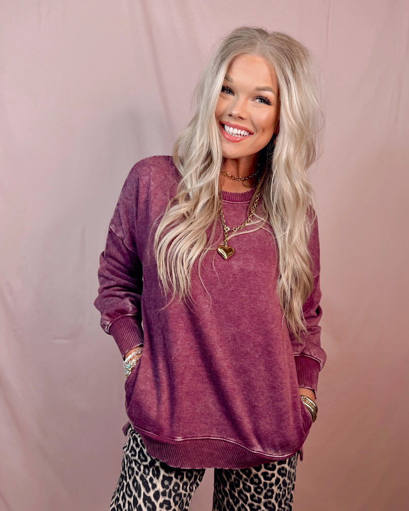 Above Average Acid Wash Hi-Low Pullover Sweater - Eggplant