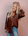 Satin Speak Easy Staple Button Up Blouse - Chocolate