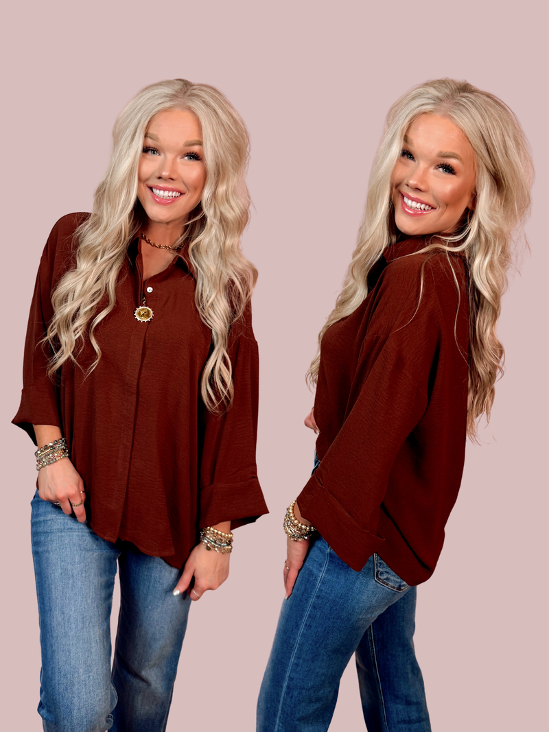 Easy Does It Button Up Collared Blouse - Brown