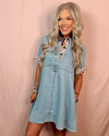 Charming In Chambray Dress with Leopard Trim Detail