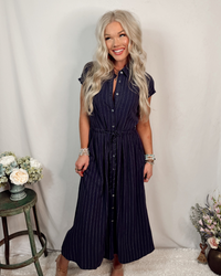 Coastal Chic Collared Striped Button Up Dress in Navy