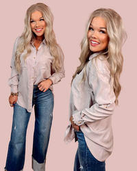 Rolling Stone Mineral Washed Classic Button Up Top - Stone grey