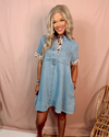 Charming In Chambray Dress with Leopard Trim Detail