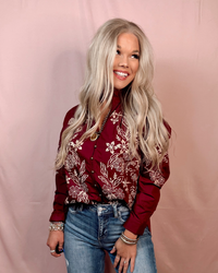 Petal Stitch Embroidered Long Sleeve Blouse - Burgundy