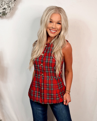 High Fashion Holiday Gold + Plaid Button Peplum Vest