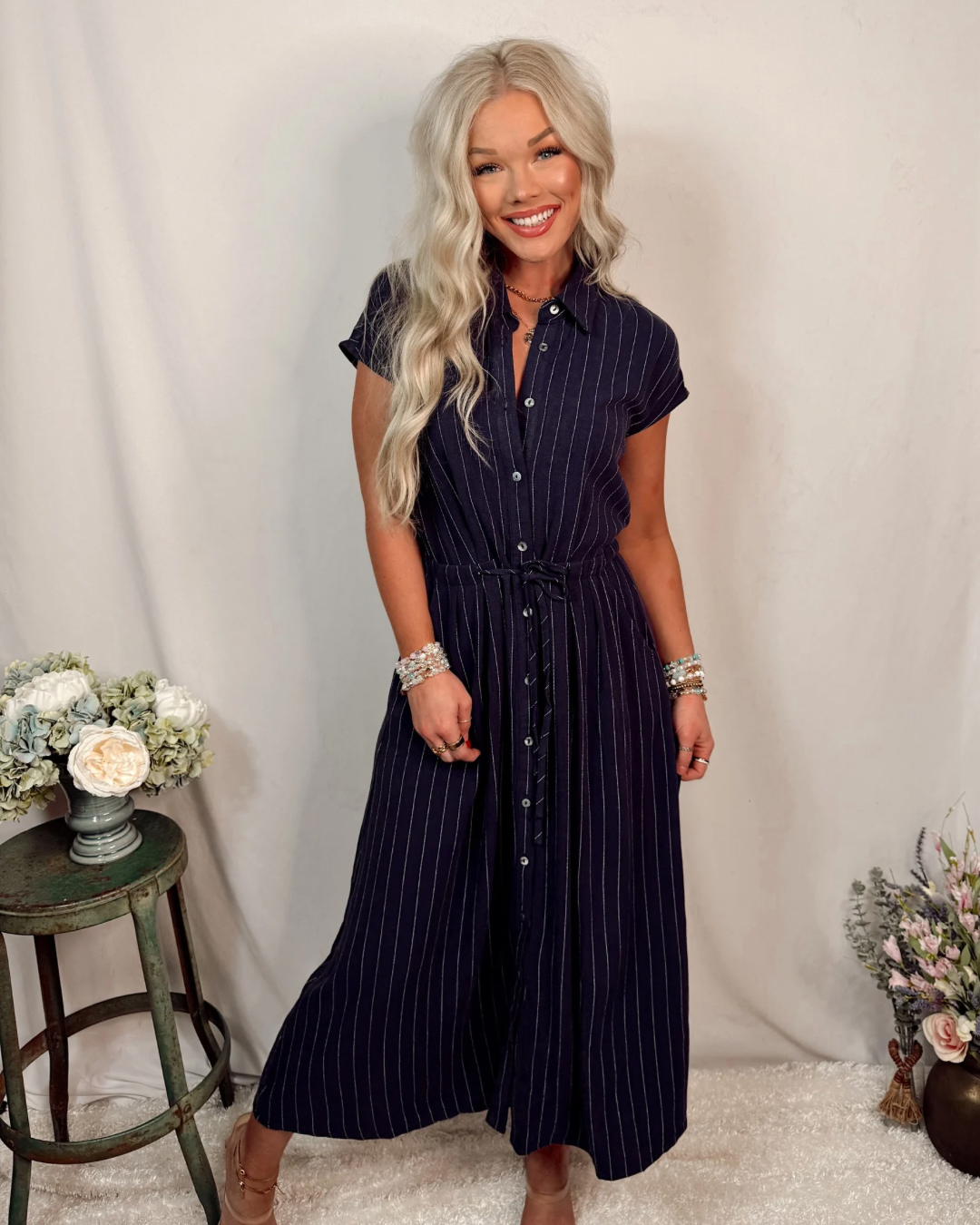 Coastal Chic Collared Striped Button Up Dress in Navy