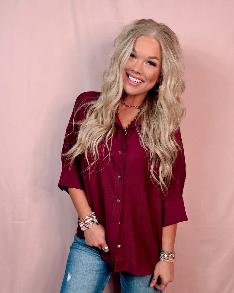 Fierce Merlot Leopard Print Contrast Detail Button Up Blouse - Wine