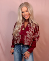 Petal Stitch Embroidered Long Sleeve Blouse - Burgundy