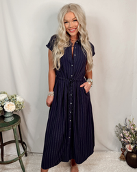 Coastal Chic Collared Striped Button Up Dress in Navy