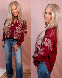 Petal Stitch Embroidered Long Sleeve Blouse - Burgundy