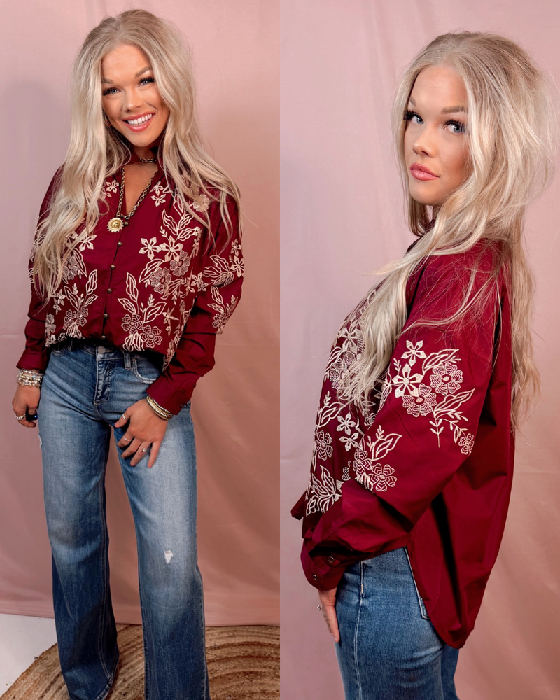 Petal Stitch Embroidered Long Sleeve Blouse - Burgundy