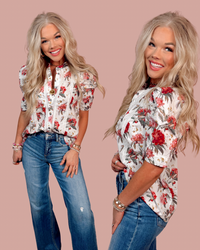 Rose Court Floral & Lace Pleated Puff Sleeve Blouse