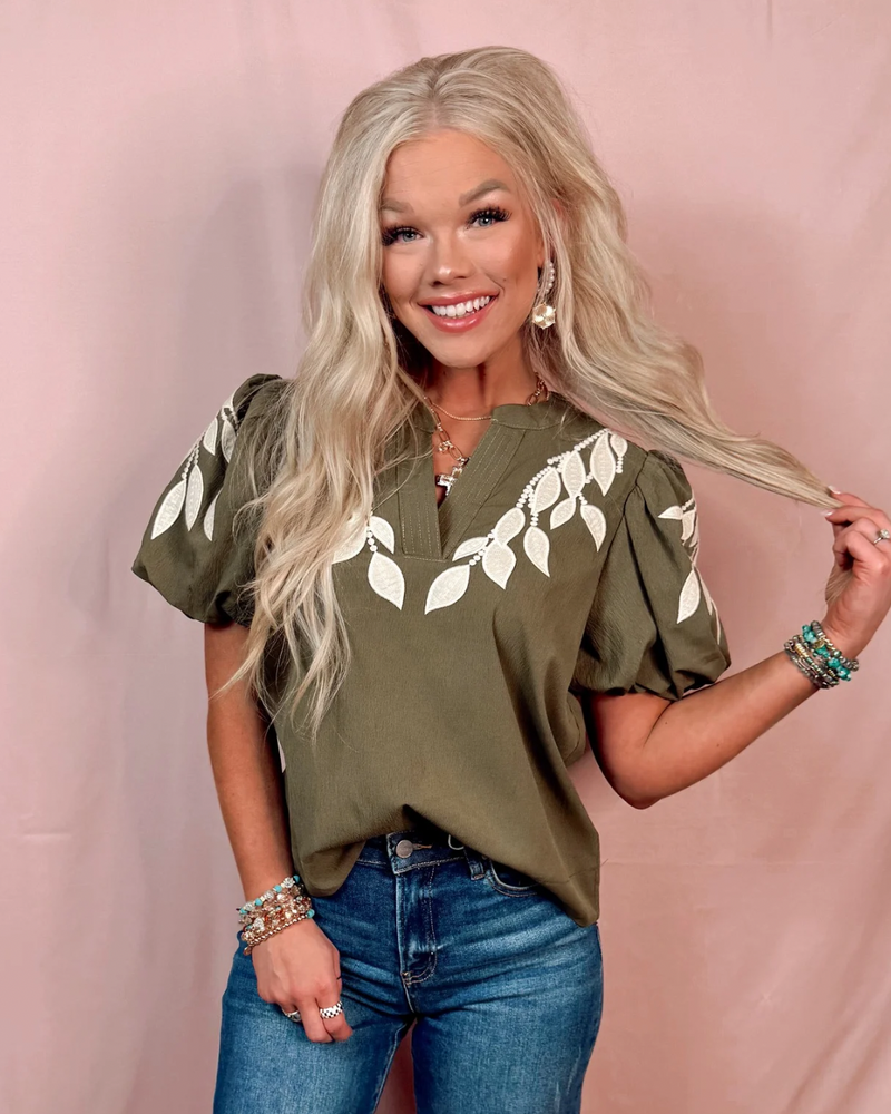 Verdant Vines Embroidered Puff Sleeve Top - Olive