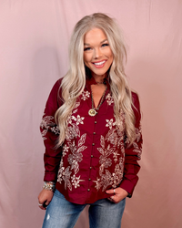 Petal Stitch Embroidered Long Sleeve Blouse - Burgundy