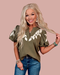 Verdant Vines Embroidered Puff Sleeve Top - Olive