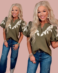 Verdant Vines Embroidered Puff Sleeve Top - Olive