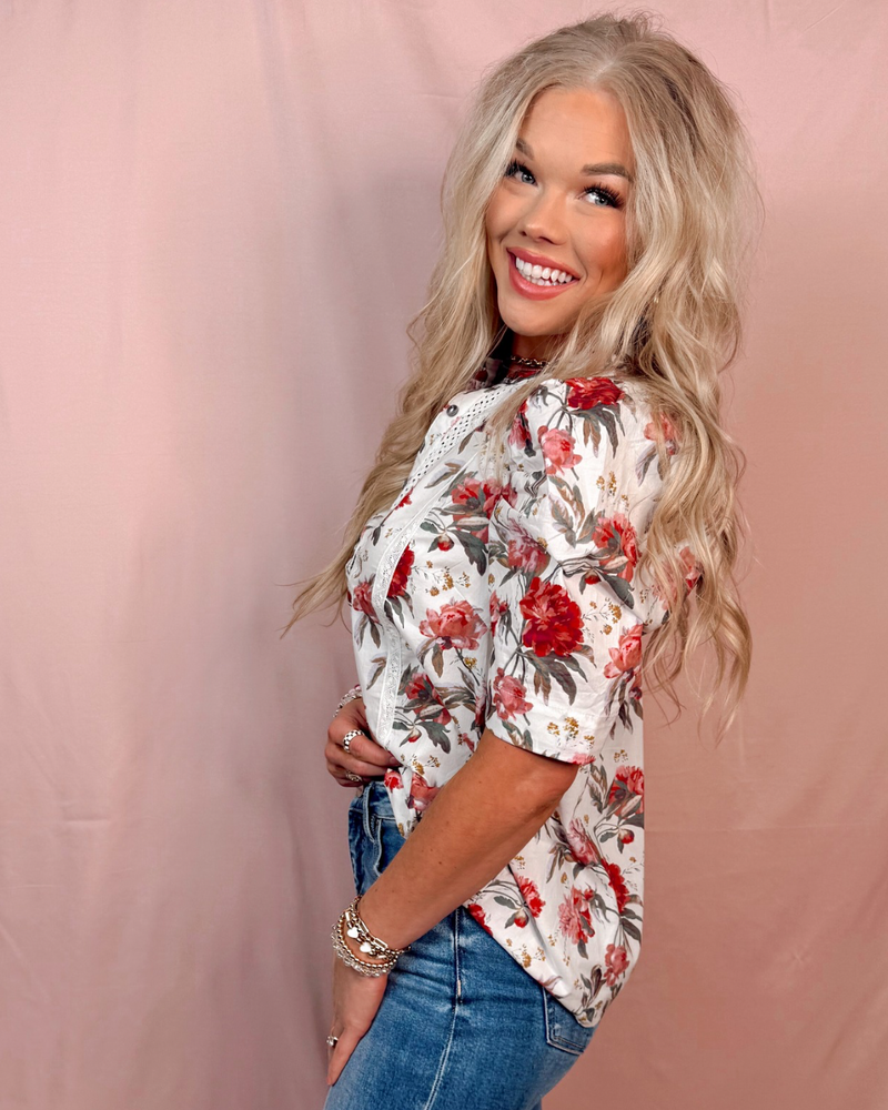 Rose Court Floral & Lace Pleated Puff Sleeve Blouse