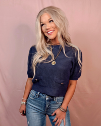 Alluring Attire Puff Sleeve Sweater Top w/ Gold Accent Buttons - Navy