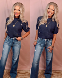 Alluring Attire Puff Sleeve Sweater Top w/ Gold Accent Buttons - Navy