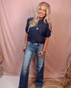 Alluring Attire Puff Sleeve Sweater Top w/ Gold Accent Buttons - Navy