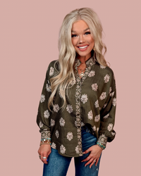 Fern & Fleur Printed Button Up Top - Olive