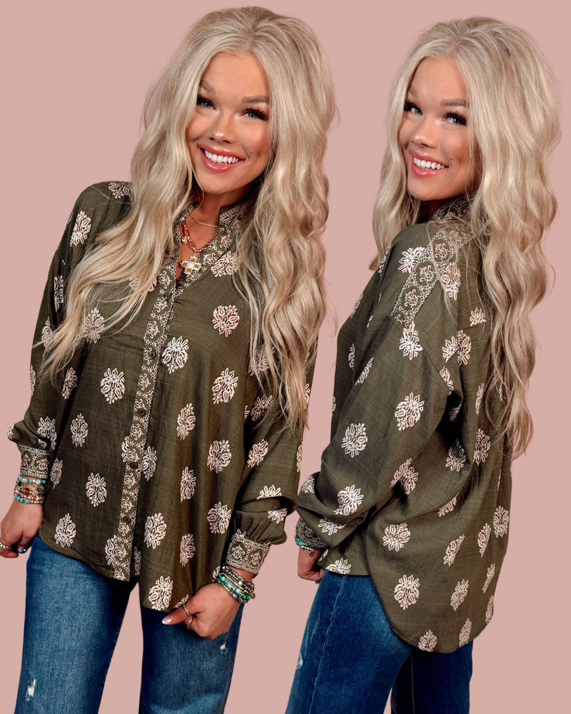Fern & Fleur Printed Button Up Top - Olive