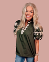 Regal Bloom Embroidered Puff Sleeve Blouse - Hunter Green