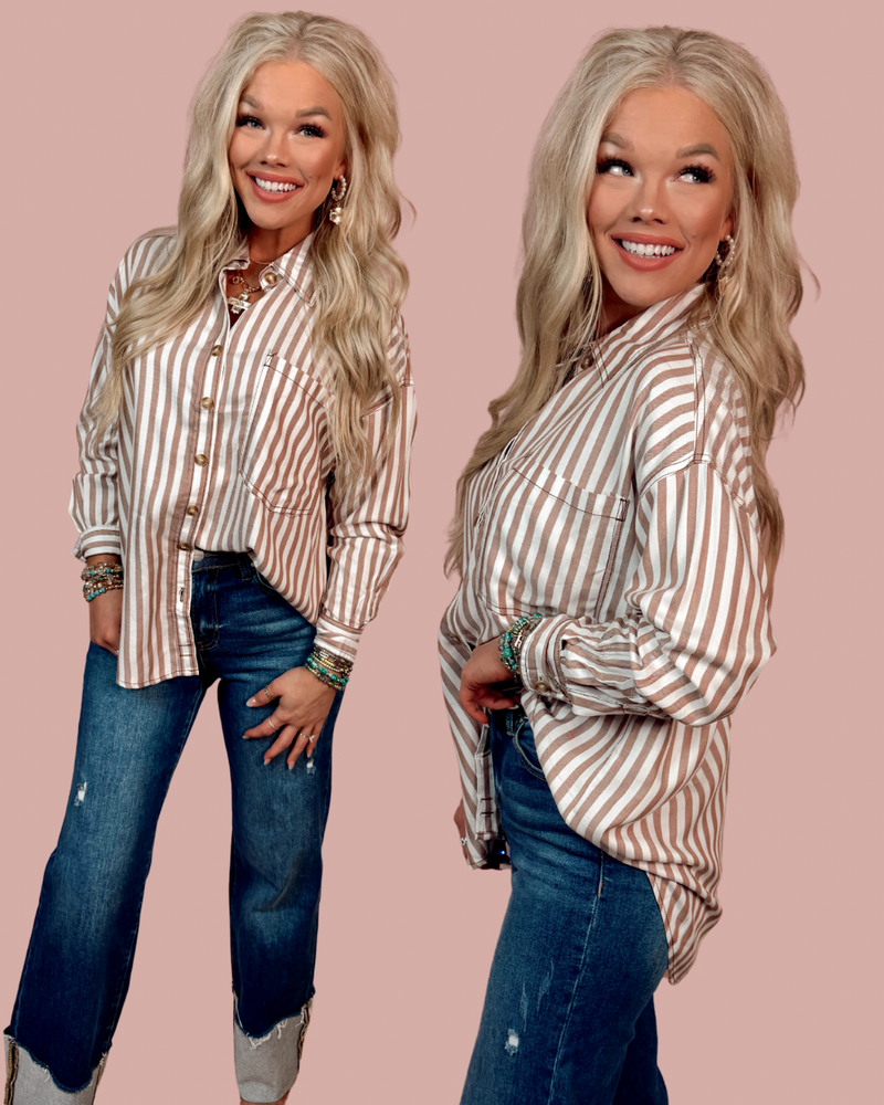 Linear Muse Striped Button Down Top - Brown