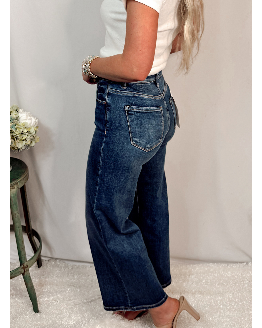 West Coast Crop Wide Leg High Rise w/Tummy Control Jeans - Dark