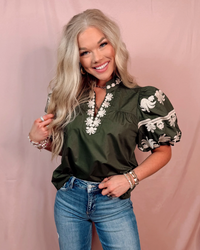 Regal Bloom Embroidered Puff Sleeve Blouse - Hunter Green