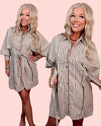 Pinstripe Poised Tailored Mini Dress - Mocha